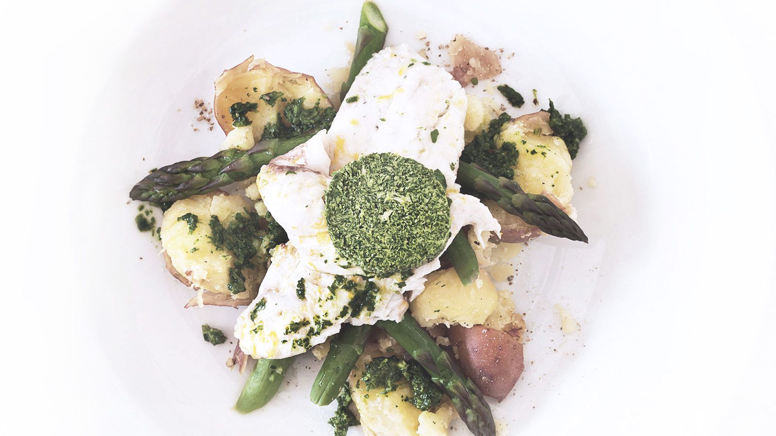 Chicken with stuffed asparagus, asparagus sauce, and grilled potatoes